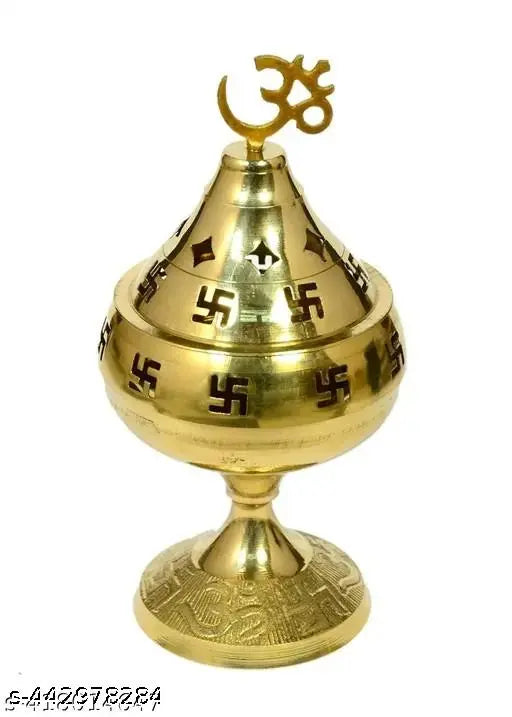 Haridwar Trends Akhand Jyoti Oil Lamp || DHUPIA WOODEN HANDLE AARTI DEEPAK Diya for Diwali Festive Decorations Diya Jyoti Stand with Cover Oil Lamp Om and Swastik Symbol Decorative Brass Diya