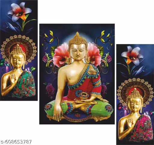 Karni Presents Lord Buddha Set of 3 Wall Painting For Home Decor | Gift Items | Photo Frame- Self Adhesive (12'Inch x 18'Inch), WH-JM37