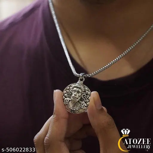 Lord Narasimha Pendant/Narasimha Dev Locket/Hindu God Necklace/Silver Plated Narasimha Pendant/Spiritual Pendant for Men/Lord Vishnu Avatar Locket/Stainless Steel Narasimha Necklace/Divine Protection Pendant/Bajrangbali Narasimha Locket/ Hanuman Pendant f