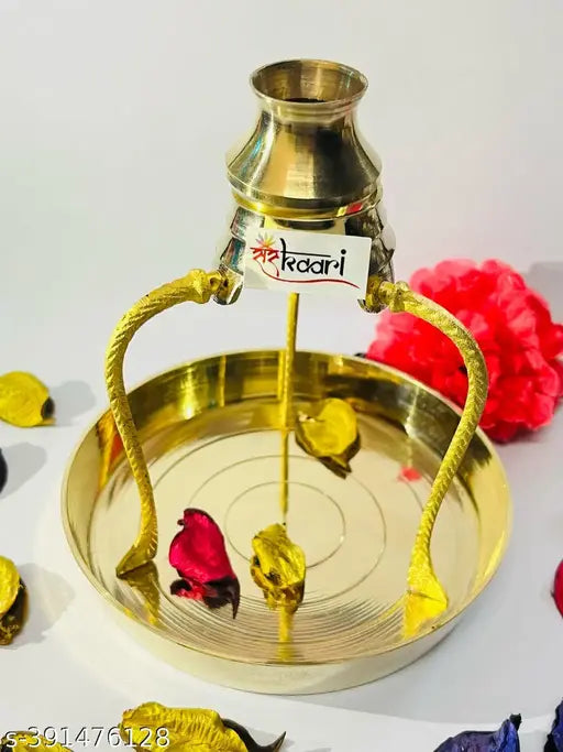 Sanskaari |  Brass Stand For Shivling Without Shivling with Brass Thali | Brass Pooja Plate Thali with Shivling Stand and Abhishek Lota Brass Kalash / Shivling Stand shiva lingam stand / shivling kalash stand Without Shivling / Brass Puja Bhog Thali 12 Cm