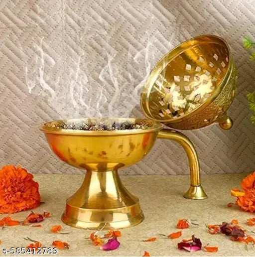 Set of 2 piece|Dhoop loban| Handcrafted Brass Aroma Diffuser|Ornate Brass Incense Burner with Handle|Pooja Loban Incense Burner with Handle, Prayer Lamp, Dhoop Dhuni Burner Sambrani Dhoop,  Home Office Temple Prayer|