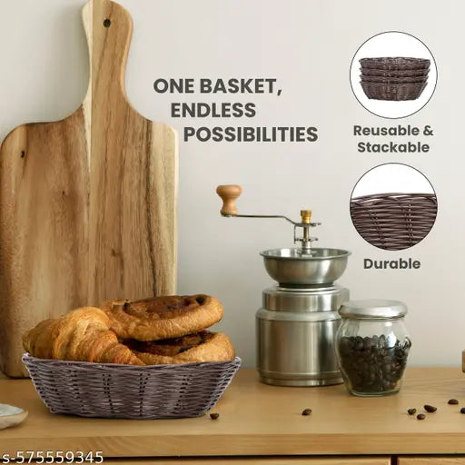 GERAT Pack of 2 Round Storage Basket | Durable Plastic with Woven Perforated Design | Multipurpose Organizer for Fruits, Vegetables, Bread, Napkins & More – (Dark Brown)