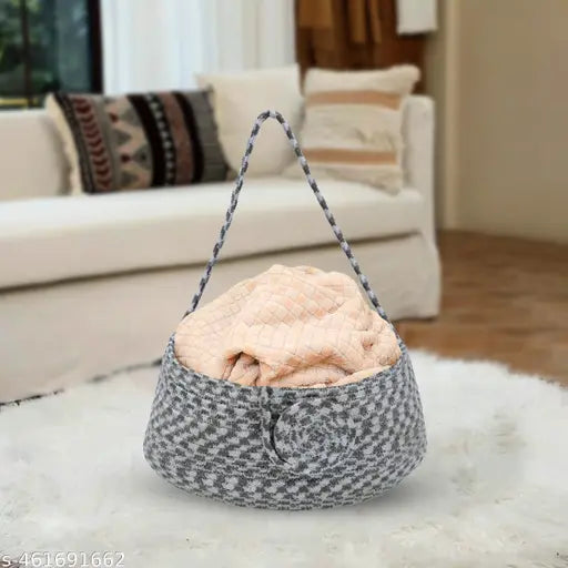 Home décor 13 L* 8 H inch Round Basket rope storage book jute fruits planter basket kids toy gift hamper baby tray bucket organizer Fruit Basket for living room kitchen washroom Pack of 1 White + Silver Color