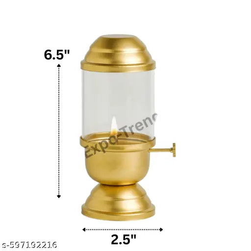 Iron Akhand Diya with Adjustable Batti,with Screw Lever for Puja,Akhand Jyot Diya with Wick Lifting Screw Lever,Iron Diyas for Brass Traditional Pooja,Akhanda Jyothi Deepam,Glass cover15.5CM(Pack of 2)