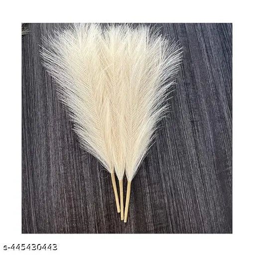TS ARTS & CRAFT 3 Pcs Faux Pampas Grass Small Fluffy Artificial Flowers Fake Flower For Vase Pot, Home Decoration, Festival Decor, Durga Puja, Navaratri, Gift, Art & Craft, Bedroom, Balcony, Office Corner, Living Room, Wedding, Side Table Centerpiece (Pac