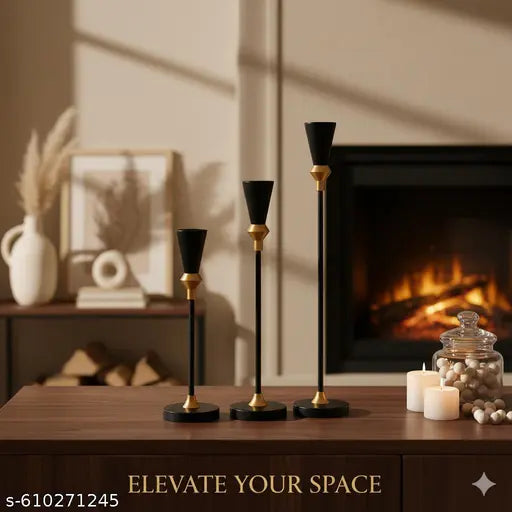 BROSHEE Set of 3 Black Metal Candlestick Holders with Golden Brass Cups | Tall Candle Stands for 3/4 Inch Taper Candles | Modern Home, Wedding & Table Decor