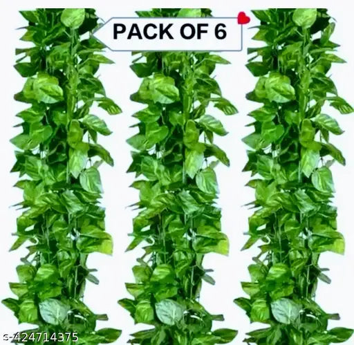 Plantswalls :- (8 Feet) (Set of 6 String) 30 Leave in one String Artificial Garlands Money Plant Hanging Leaves Greenery Vine Creeper Plants for Home Decor Main Door Wall, Balcony, Office, Decoration Party & Festival Craft