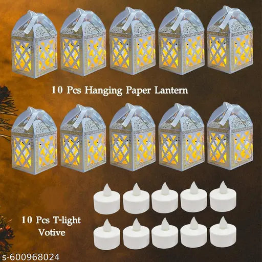 Paper Hanging Lantern with LED Diya Lights | Pack of 10 Decorative Lanterns with T-Light Votives | Diwali, Christmas, Wedding & Party Decoration