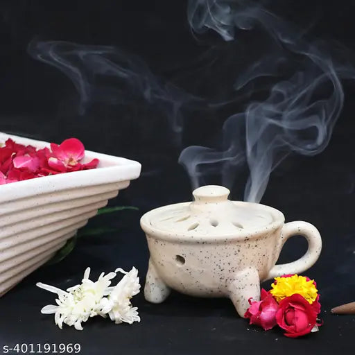 Global Aroma Ceramic Dhoop Patra, Dhoopdaan,Handcrafted Incense Dhoop Burner (White)