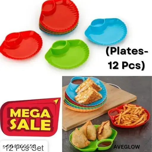 (12 Pcs Set) Plastic Lunch Plate, Dahi and Chat Plate, Snack and Appetizer Plate, Tray for Party and Daily use Serving Platter Plate for Serving Pasta Starters Utensils Breakfast - Multicolor