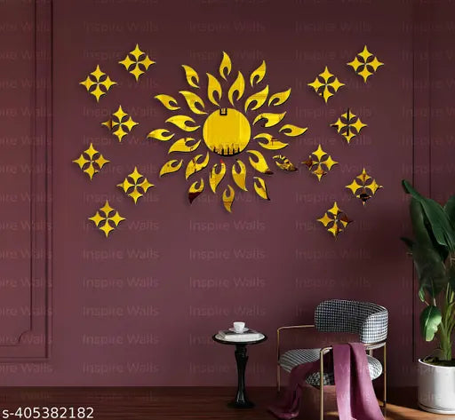 Inspire Walls Golden Sun 45 cm & 50 Stars Mirror Stickers for Wall - 3D Acrylic Wall Decor | Mirror Stickers | Mirror Stickers for walls | Self-adhesive mirror | Decorative mirror | Wall Decor Mirror (Golden Sun 45 cm & 50 Stars Mirror)