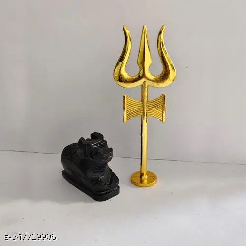 A&S VENTURES Marble Black Nandi with Metal Damru Trishul Idol for Home Temple | Brass Finish Shiv Murti Set for Puja and Décor