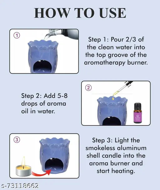 Ceramic Aroma Burner T-Light Candle Purple Diffuser Lotus Shape for Home with 1 Tea Light Candle and 1 Aroma Oils- English Lavender 10ml