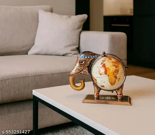 Handcrafted Elephant Globe Décor | Vintage World Map Showpiece for Home & Office