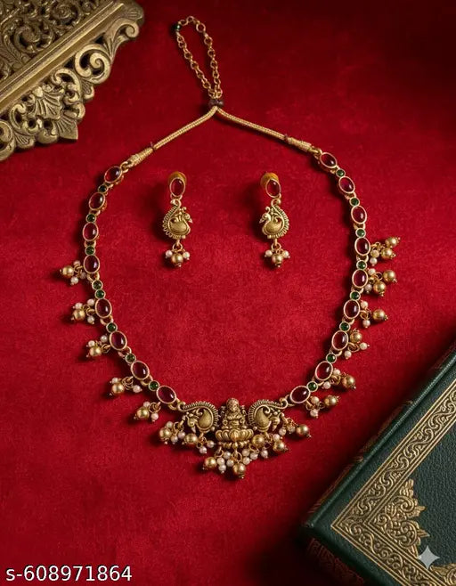 Traditional Temple Jewellery Gold Plated Necklace Set with Ruby Stones & Pearls