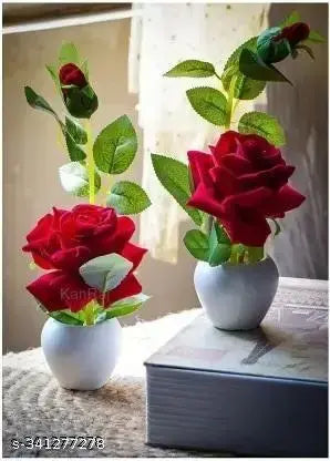 KanRaj ® Artificial Rose Flower Set of 2 Roses with pot (Natural Looking)