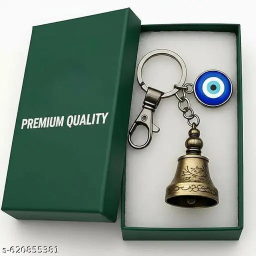 Guardian Bell Keychain for Bike & Car | Tibetan Texture Bell with Evil Eye & Silver Hook | Good Luck Protection Charm Keychain