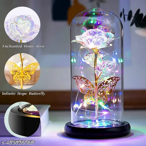 ClickCart Connect Rose Flower Gifts for Women,Colorful Rainbow Artificial Flower Rose Light Up Rose in Acrylic Dome,Women Gifts,Valentines,Anniversary,Wedding Gifts (Rose Flower Gift with Butterfly)