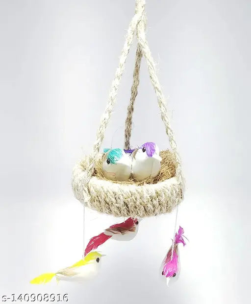 CAMELLIA GRINS Handmade Artificial Jute Hanging Birds with Hanging Nest Jhumar Showpiece Chidiyan Ka Ghosla for Home Décor Home Decoration Pack of 1 Decorative Jhumar- 23 cm (Jute, Multicolor)