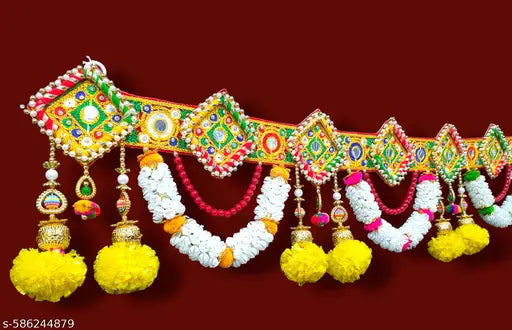 HEGiENES Décor embroidery work with artificial yellow meri gold flower and beads traditional door hanging navratri and diwali Toran. Pack of 1 pieces.