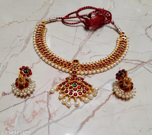 Temple Style Kempu Stone South Indian Style Necklace with Jhumka