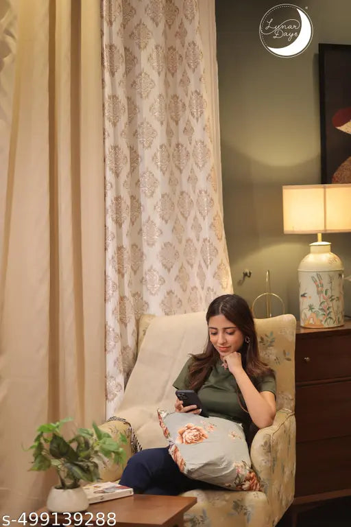 Lunar Days combo Blackout Beige 2 Pc and damask Beige 2 Pc Door Curtain 7 Feet Set of 4 Eyelet Printed Polyester Curtain for Living Room Beige