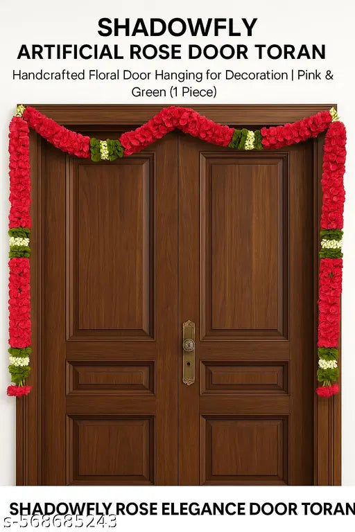 Shadowfly Artificial Rose Door Toran | Handcrafted Floral Door Hanging for Decoration | Pink & Green (1 Piece)