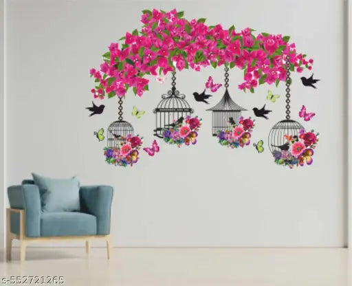 Click Decals Summer Tree Cage Pink Flowers Sticker
