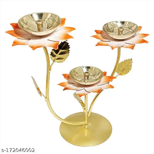 KAPER Antique Diwali Decorative Brass Iron Diya for Puja, Mandir and Home Decor Orange Diya Oil Lamp Stand(7 Inches)