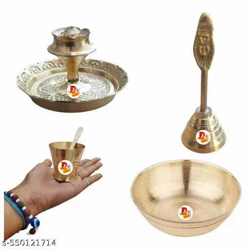 DARIDRA BHANJAN Brass Aarti Thali Set, pooja items, pital puja thali with Brass Plate and Big Glass, Ghanti, spoon, Diya, Sticks Holder Stand Bowl use for Diwali puja and all puja.
