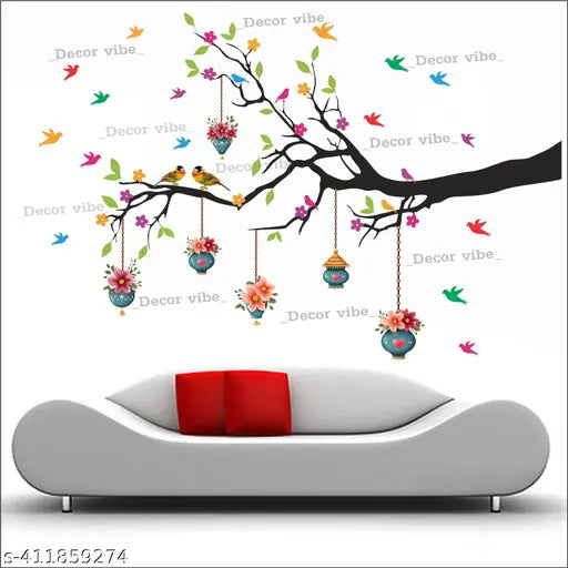 Decor vibe Trendy Tree And Flowers Wall Sticker ( Size 76X50.5CM )