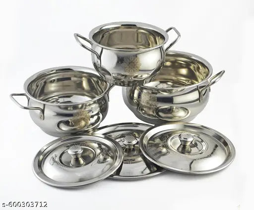 Stainless Steel Serving Pot with Lids - Pack of 5 steel pot with 5 pcs Lids, Ideal for Daily Cooking, Gas & Induction Stove Compatible