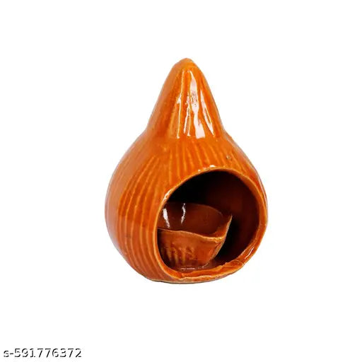 AL- BISMI Ceramic Oil Lamp for Pooja Room, Diya Lamp,  Pack of 1 with Free Thread Wicks (Large, Coconut Shape)