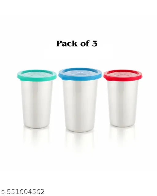 Stainless steel tumbler with lid, Air Tight Leak Proof Glass Tumblers for Office Lunch Gym Yoga Hiking Trekking Travel Home Kitchen for Water Butter Milk Chass Lassi Coffee Tea 400ml (PACK OF 3) (RED & BLUE & GREEN )
