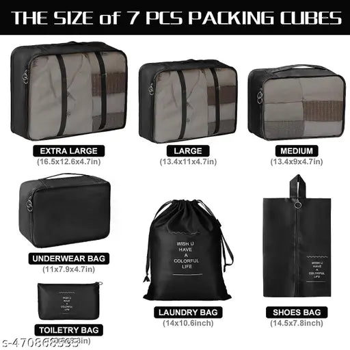 in 1 Foldable Nylon Packing Cubes for Clothes, Cosmetics, Underwear, Socks, Shoes Toiletry Bag Laundry Organizer Space Savers Lightweight & Waterproof Bags (Black)