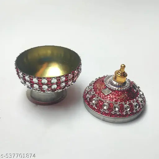 Red Glitter Sindoor Box | Decorative Kumkum Dani with Stones for Pooja, Wedding & Gift Use