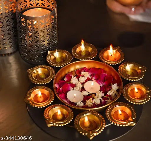 New Pack of 2 Urli Bowl (Decorative Metal Diya Urli Bowl Design) for Floating Flowers and T - Light Candles Made by Iron for Home, Office and Table Decor - (Size-10 Diameter), Golden Color