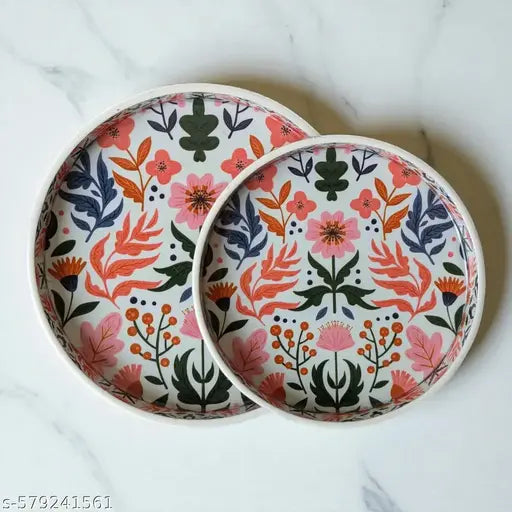 Madarks Set of 2 Floral Round Trays – 9 Inch & 7 Inch – MDF Printed Decorative Serving Trays with Enamel Coating – Lightweight, Durable & Easy to Clean – Ideal for Snacks, Drinks, Decor
