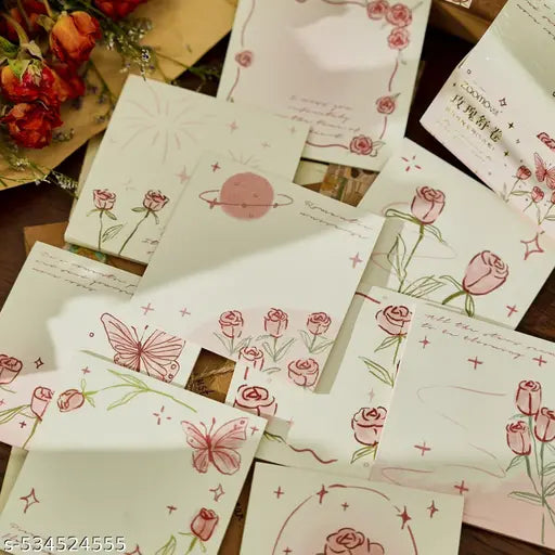Romantic Sticky Notes Set, Multicolour, Over 200 Rectangular Self - Stick Memo Pads with Delicate Heart, Rose & Butterfly Designs for Journaling, Office, Creative Projects (Pack 1)(Multi Color)