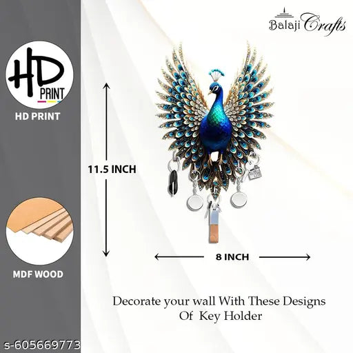 Peacock Wall Hook Organizer with Key Holders – Elegant Home Decor by Balaji Crafts