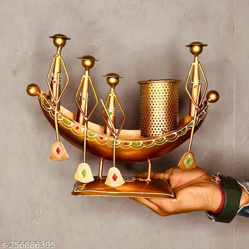 Handcrafted Kerala Boat Shaped Metal Showpiece with Pen Stand – 10x8 Inch