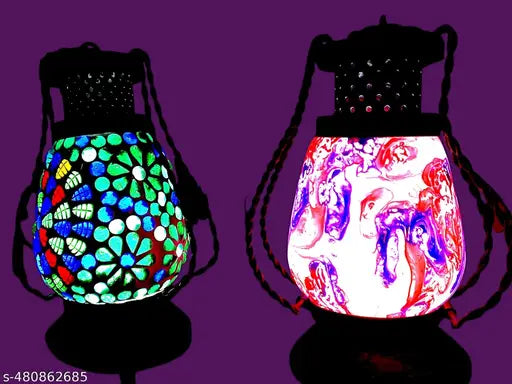 Desiree crafts , Laltain Set of 2 , wooden and Iron Handmade lalten with Multicolored led Light and Beautiful Glass imney Work