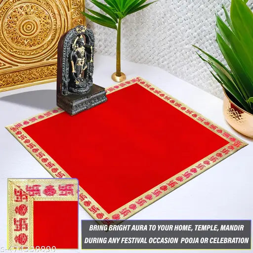 Rushville Velvet Aasan Mat | Pooja Aasan Mat | Golden Lace Satya  Prayer Mat | Traditional Chowki Prayer Mat |Size : 16 x 16 Inch| Red