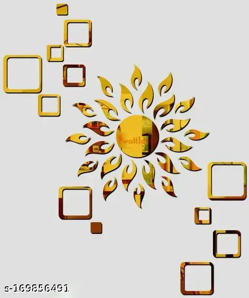 Sun With 12 Square Golden (Sun Size 45 cms x 45 cm) mirror stickers for wall, acrylic mirror wall decor sticker, wall mirror stickers, wall stickers for bedroom.