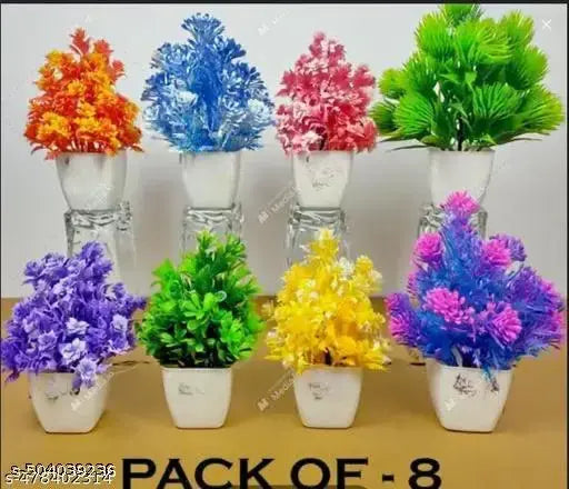 Set of 8 Artificial Plant For Home Decor or Office Décor Also Plant Suitable For Table , Flower & Plant Specially Decor For Bed Room Decorationet Bonsai Wild Artificial Plant with Pot