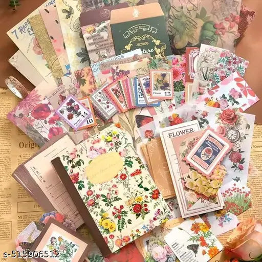 346PCS Vintage Scrapbook Kit Aesthetic Junk Journal Set with Stickers, Washi Tape & A6 Notebook with Decorative Paper Stationery (Flower)