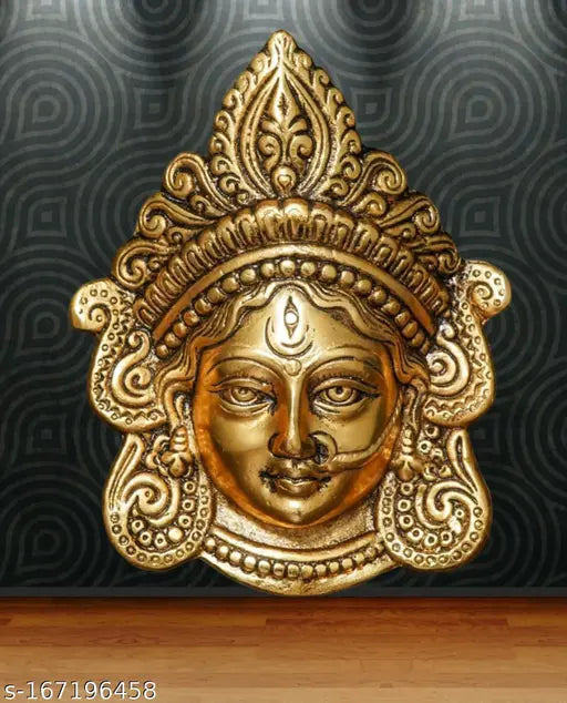 SKSM Metal Goddess Durga Face Wall Hanging | Maa Kali Mask Idol Statue for Office Home Decor | Evil Eye Protection | Puja Antique Gold Color  | Wall Mount Maa Durga | Durga face for home Decor