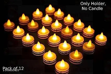 12Pcs Metal Tealight Candle Holder Round Stands for Pooja thali, Diwali Rangoli puja Room Decor\, Events, Home, Living Room, office Table, Diwali Decoration Indoor Outdoor Events (Golden) Without Candle
