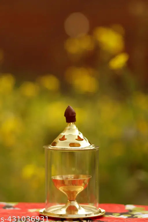 Golden Akhand deep Diya With Cover high quality Brass, Glass Table Diya Pack