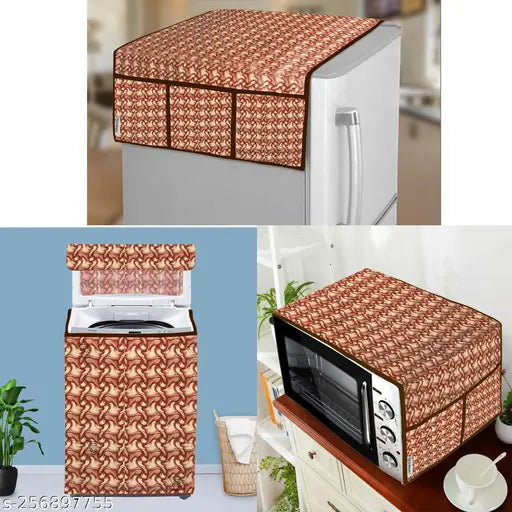 E-Retailer® Exclusive 3-Layered PVC Combo Set of Appliances Cover (1 Pc. of Fridge Top Cover,  1 Pc. of Microwave Oven Top Cover and 1 Pc. Top Load Washing Machine Cover) (Color-Brown, Design-Stripes, Set Contains-3 Pcs.)